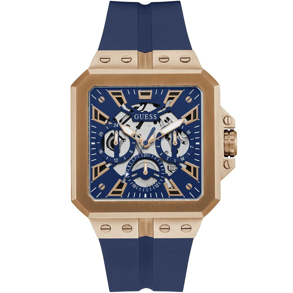 Guess LEO Multi-Function GW0637G3 Rose Gold Case Crystal Bezel Navy Blue Rubber Men's Watch