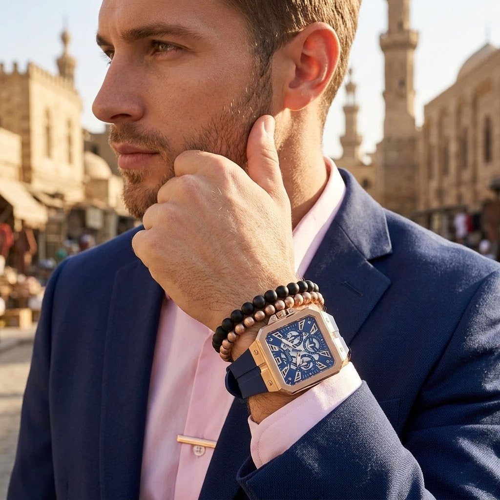 Guess LEO Multi-Function GW0637G3 Rose Gold Case Crystal Bezel Navy Blue Rubber Men's Watch