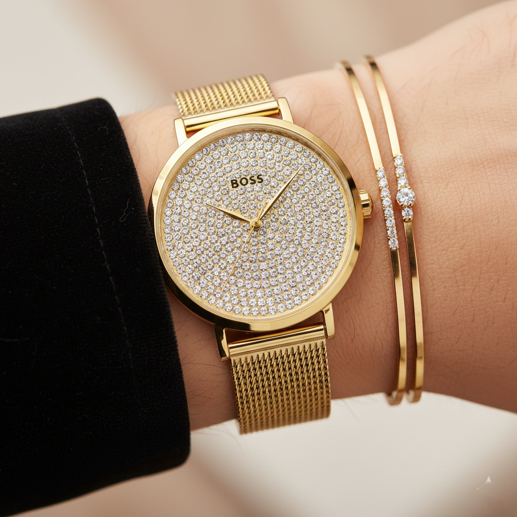 Original Hugo Boss Women's Watch - Gold Mesh & Full Crystal Dial (1502659)