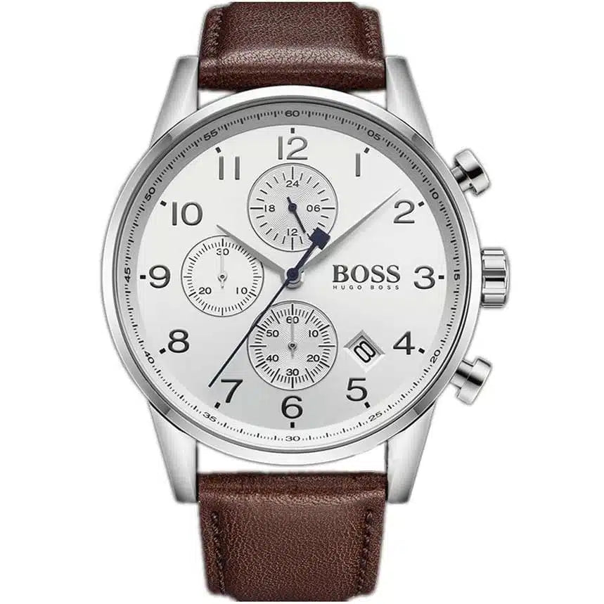 Hugo Boss Navigator 1513495 Men's Silver Steel Watch with White Dial & Brown Leather Strap