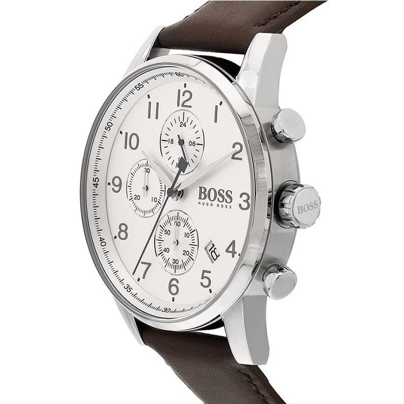 Hugo Boss Navigator 1513495 Men's Silver Steel Watch with White Dial & Brown Leather Strap