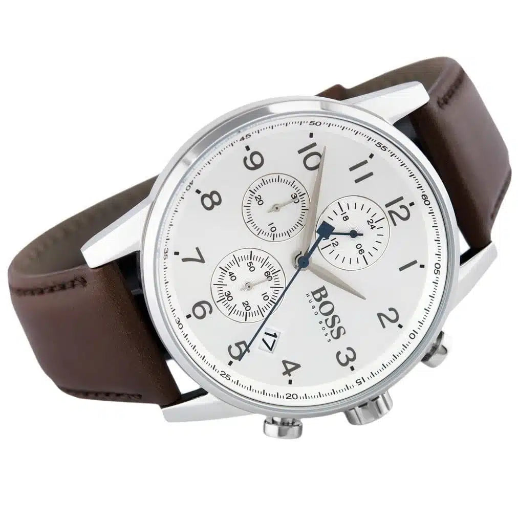 Hugo Boss Navigator 1513495 Men's Silver Steel Watch with White Dial & Brown Leather Strap
