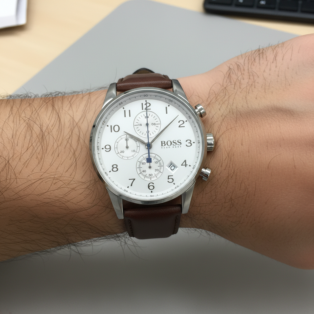 Hugo Boss Navigator 1513495 Men's Silver Steel Watch with White Dial & Brown Leather Strap