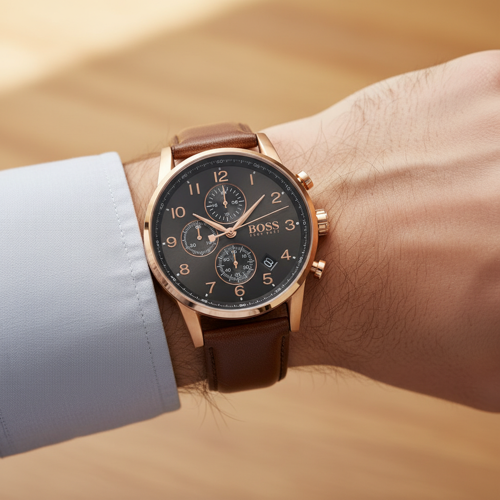 Hugo Boss Navigator 1513496 Men's Rose Gold Watch with Grey Dial & Brown Leather Strap