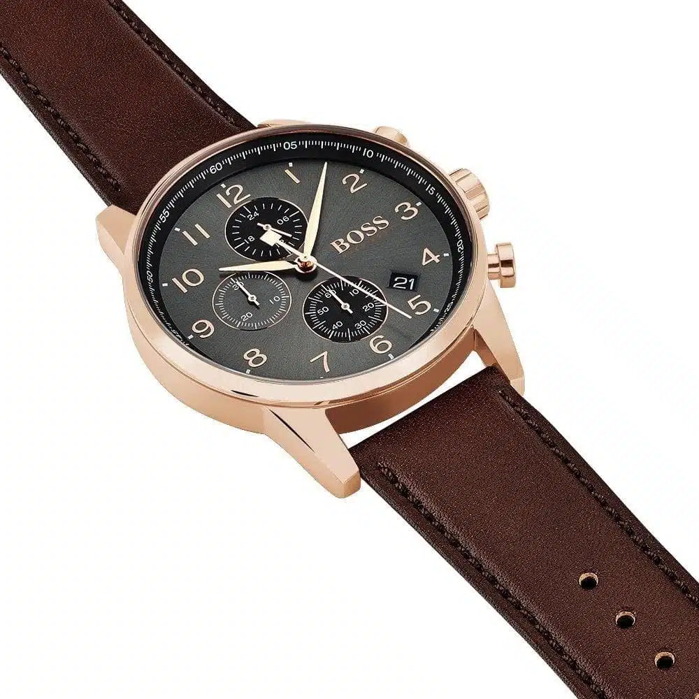 Hugo Boss Navigator 1513496 Men's Rose Gold Watch with Grey Dial & Brown Leather Strap