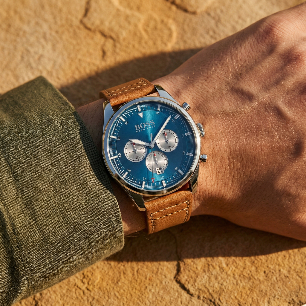 Hugo Boss Pioneer 1513709 Silver Case Blue Dial Brown Leather Men's Watch