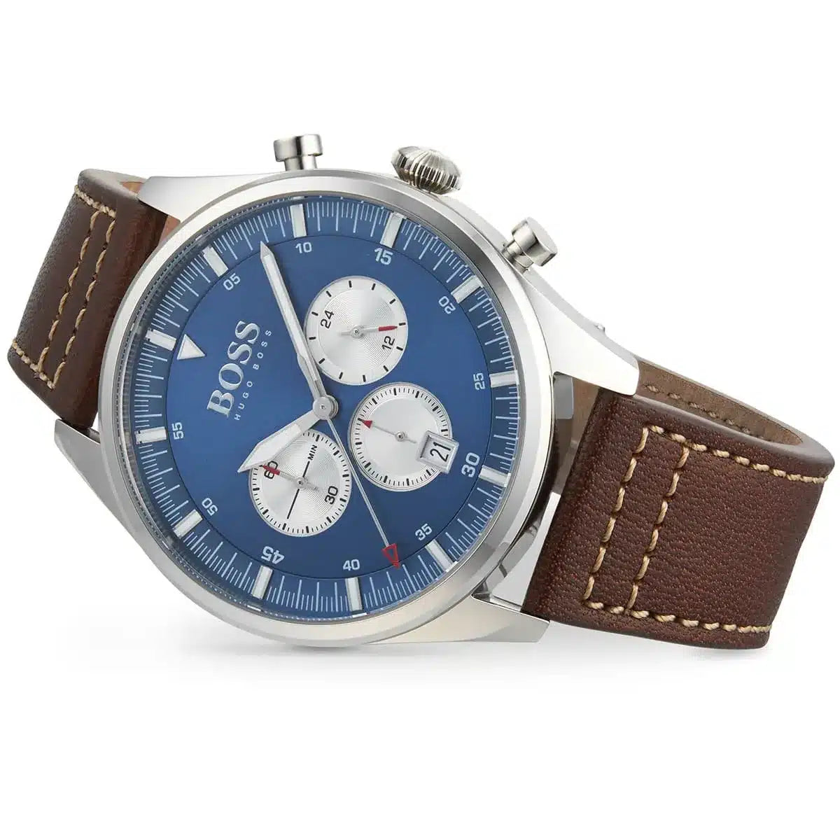 Hugo Boss Pioneer 1513709 Silver Case Blue Dial Brown Leather Men's Watch