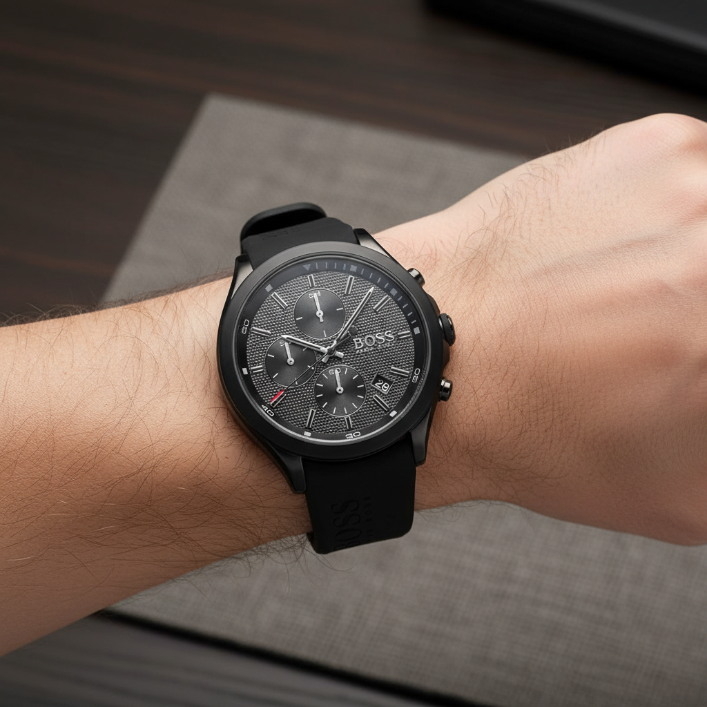 Hugo Boss Velocity 1513720 Men's All-Black Watch with Logo Rubber Strap