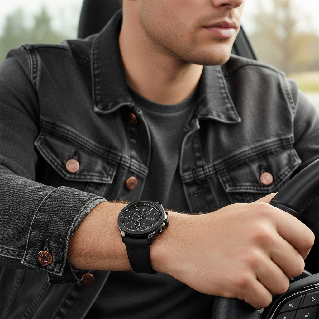 Hugo Boss Velocity 1513720 Men's All-Black Watch with Logo Rubber Strap