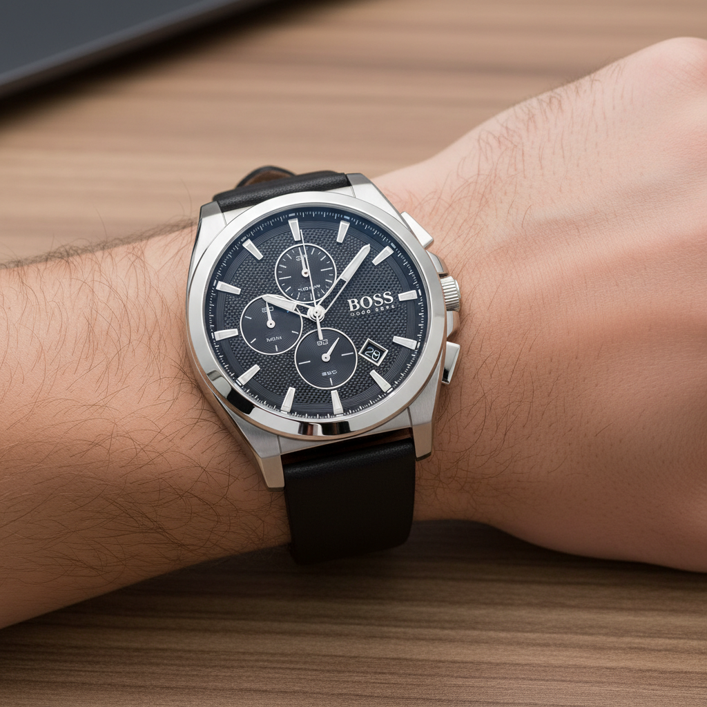 Hugo Boss Grandmaster 1513881 Men's Silver Steel Watch with Black Leather Strap