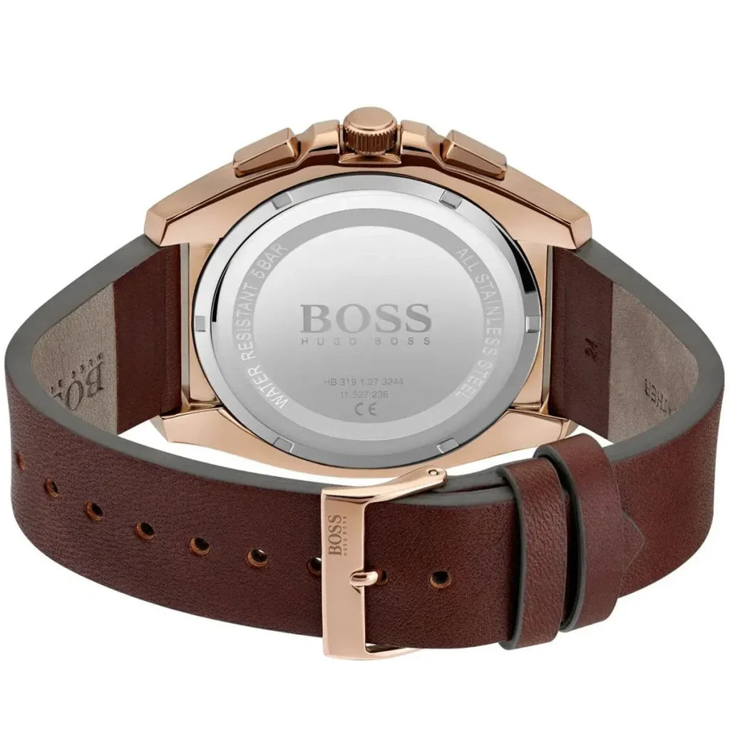 Hugo Boss Grandmaster 1513882 Men's Rose Gold Watch Grey Dial Brown Leather