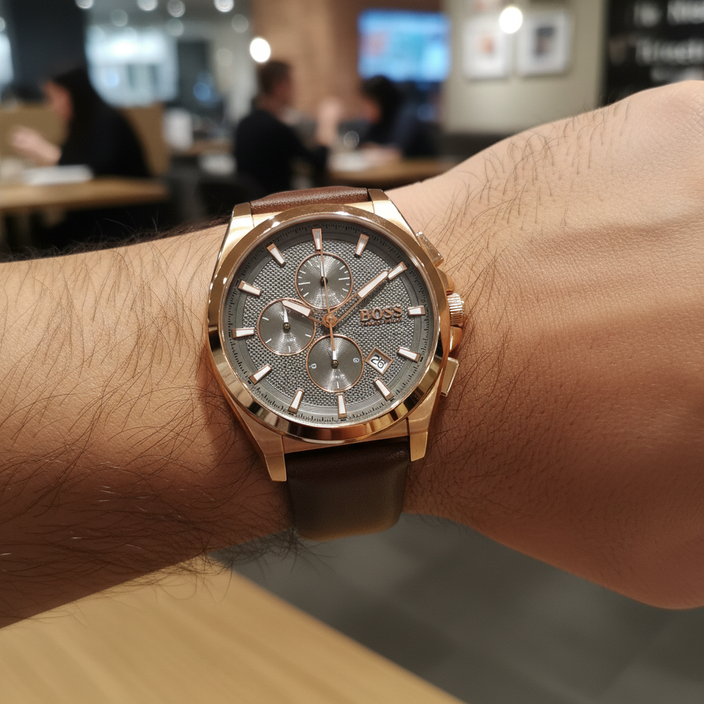 Hugo Boss Grandmaster 1513882 Men's Rose Gold Watch Grey Dial Brown Leather