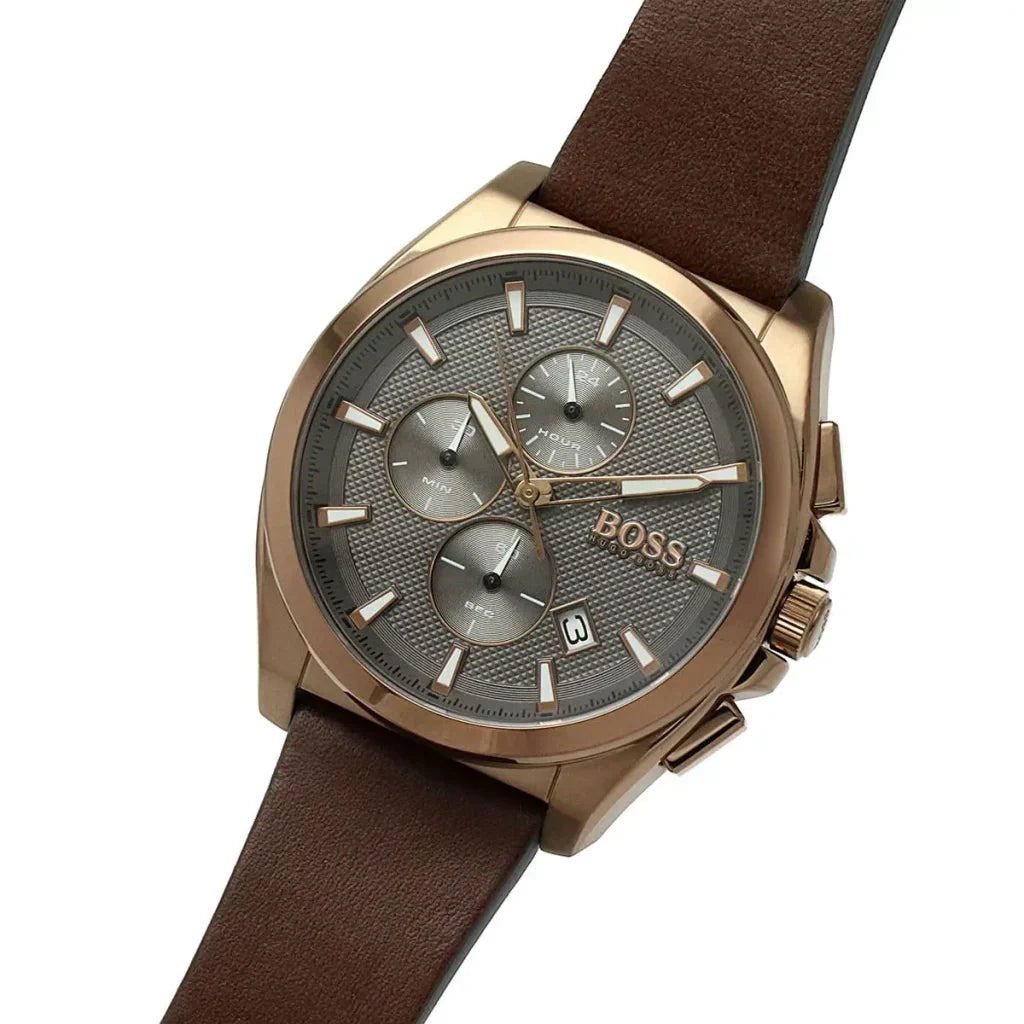 Hugo Boss Grandmaster 1513882 Men's Rose Gold Watch Grey Dial Brown Leather