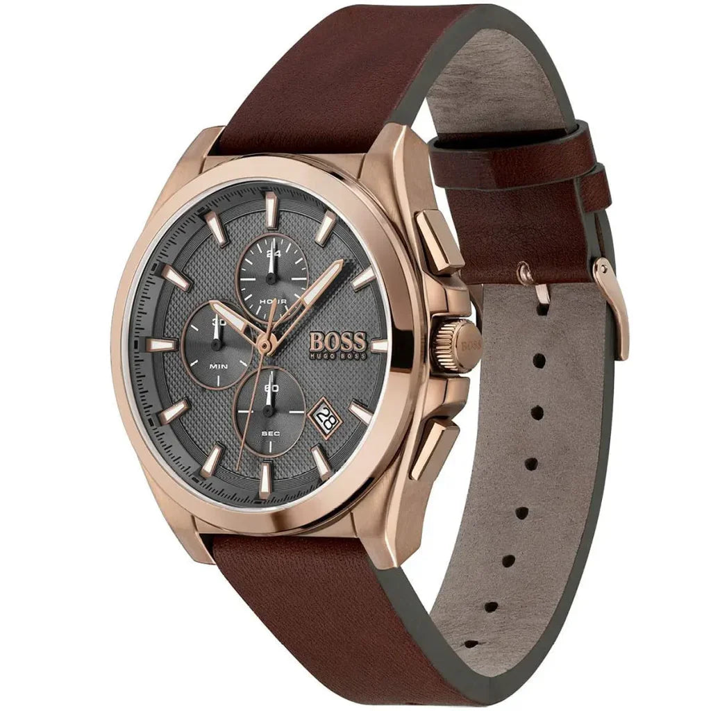Hugo Boss Grandmaster 1513882 Men's Rose Gold Watch Grey Dial Brown Leather