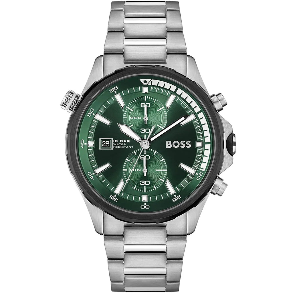 Hugo Boss Globetrotter 1513930 Men's Silver Steel Watch with Green Dial (10 ATM)