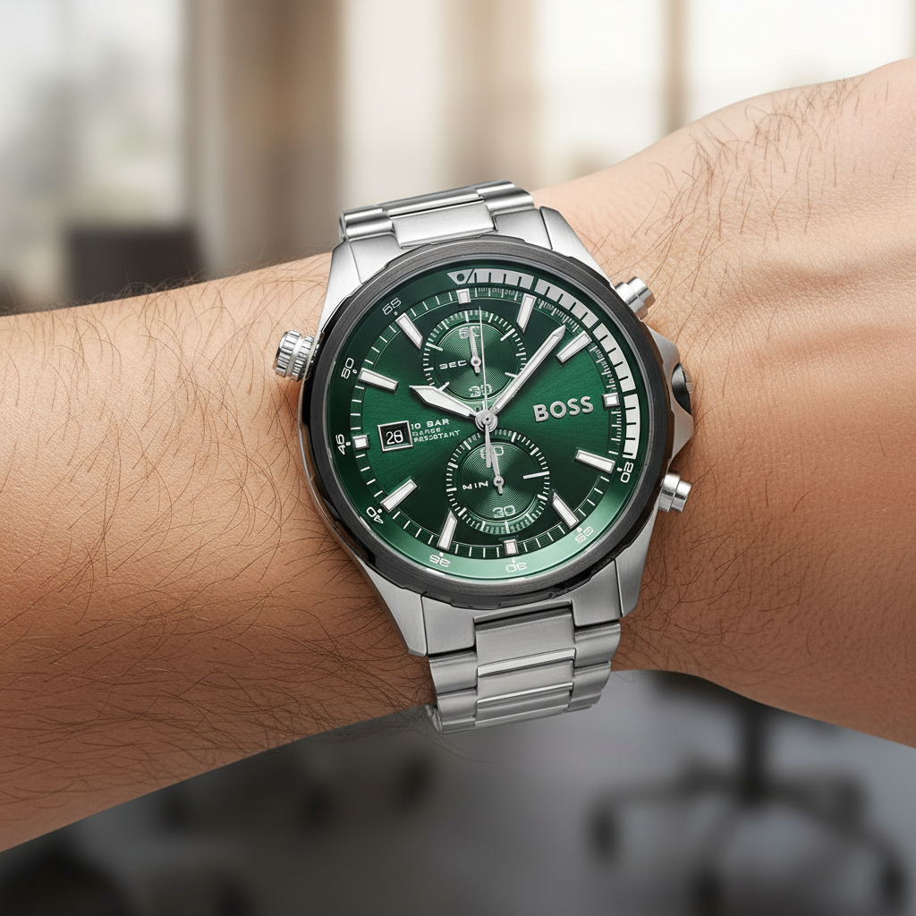 Hugo Boss Globetrotter 1513930 Men's Silver Steel Watch with Green Dial (10 ATM)