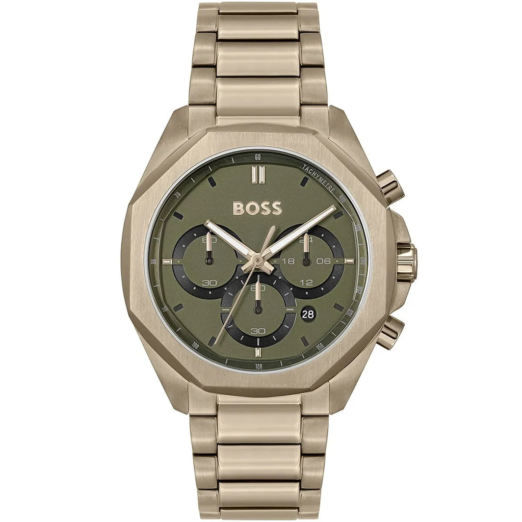 Hugo Boss Cloud 1514019 Men's Beige Gold Steel Watch with Olive Green Dial