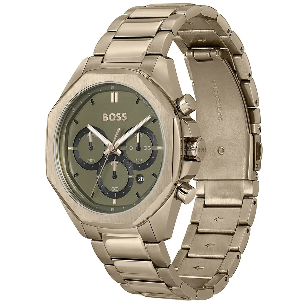Hugo Boss Cloud 1514019 Men's Beige Gold Steel Watch with Olive Green Dial