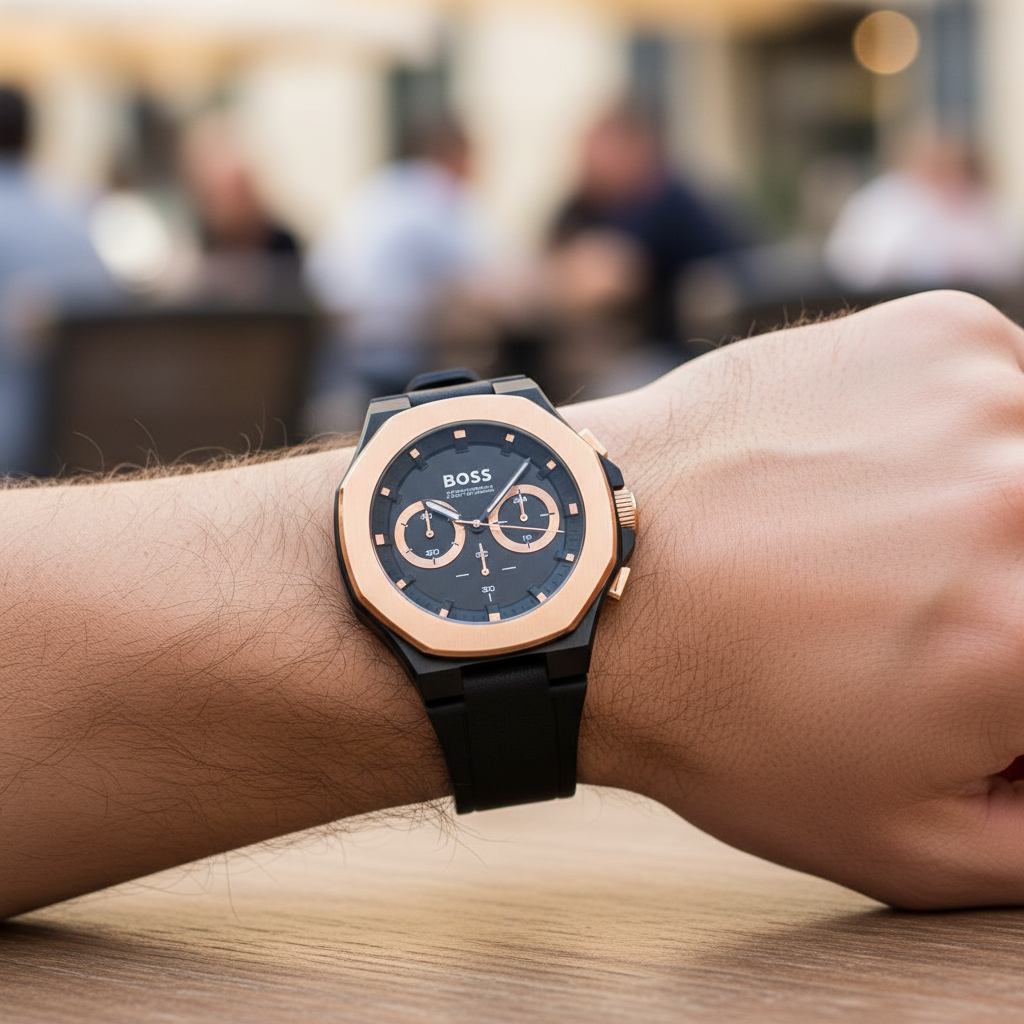 Hugo Boss Taper 1514089 Men's Black & Rose Gold Watch with Leather Strap