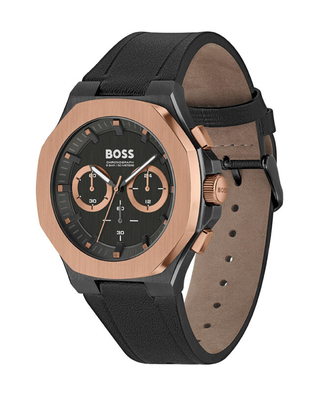 Hugo Boss Taper 1514089 Men's Black & Rose Gold Watch with Leather Strap