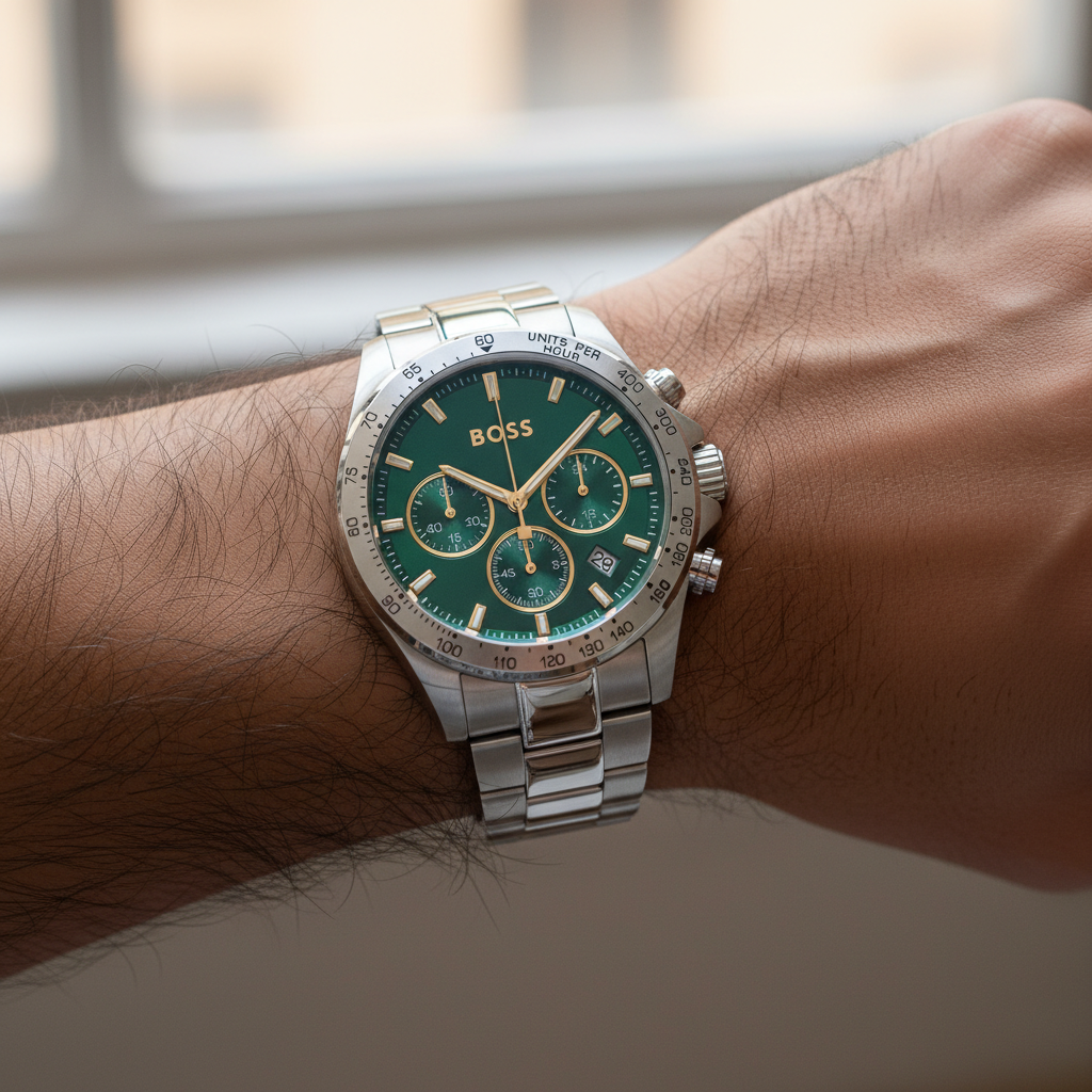 Hugo Boss Hero 1514217 Men's Silver Steel Watch with Green Dial & Gold Accents