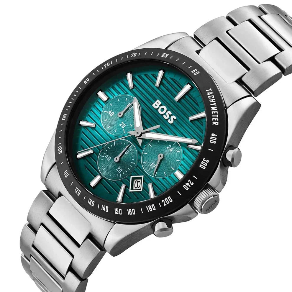 Hugo Boss Strike 1792156 Men's Silver Steel Watch with Textured Green Dial