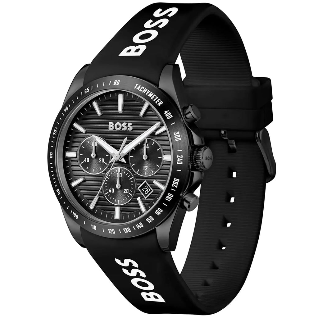 Hugo Boss Strike 1514289 Men's All-Black Watch with Logo Rubber Strap