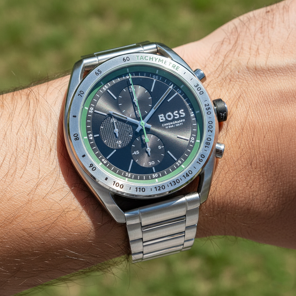 Hugo Boss Center Court 1514023 Silver-Tone Green Accents Chronograph Men's Watch