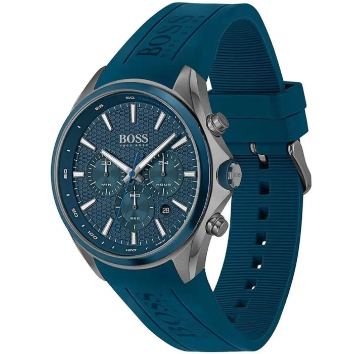 Hugo Boss Distinct 1513856 Gunmetal Blue Rubber Strap Chronograph Men's Watch