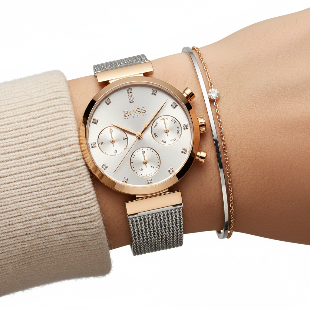 Original Hugo Boss Flawless Women's Watch - Rose Gold Mesh & Silver Dial (1502553)
