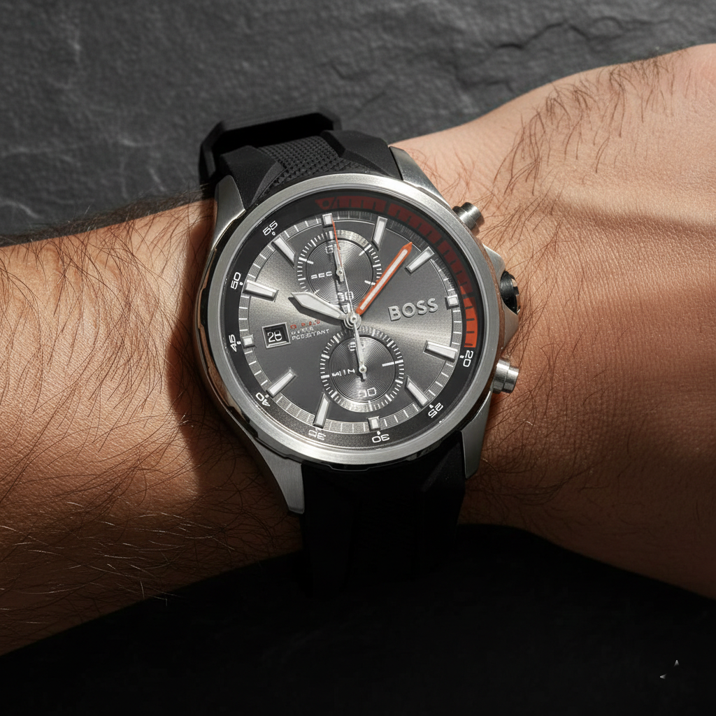 Hugo Boss Globetrotter 1513931 Silver Black Rubber Orange Accents Men's Watch