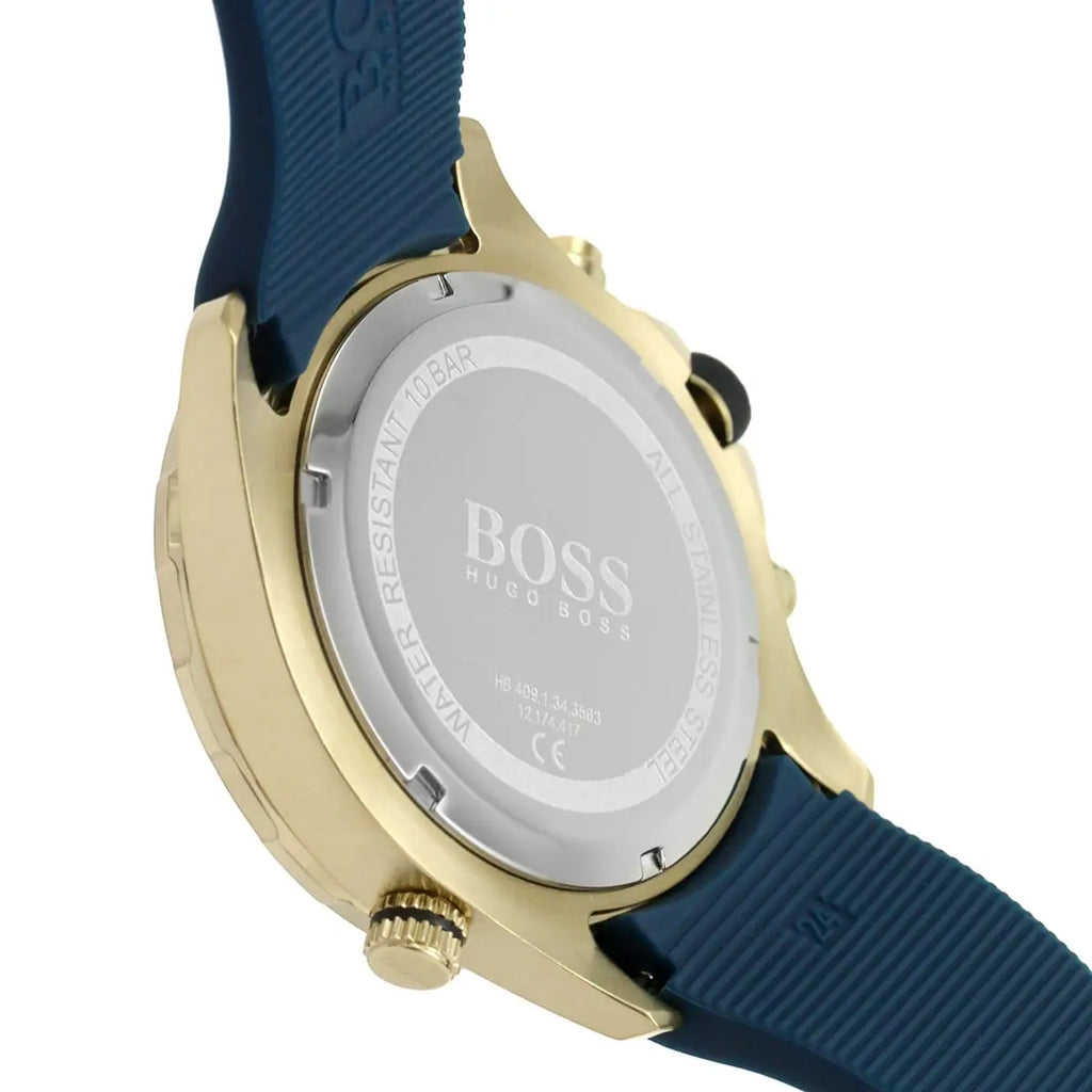 Hugo Boss Globetrotter 1513822 Gold-Tone Blue Rubber Strap Men's Watch