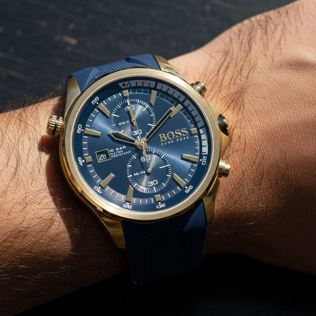 Hugo Boss Globetrotter 1513822 Gold-Tone Blue Rubber Strap Men's Watch
