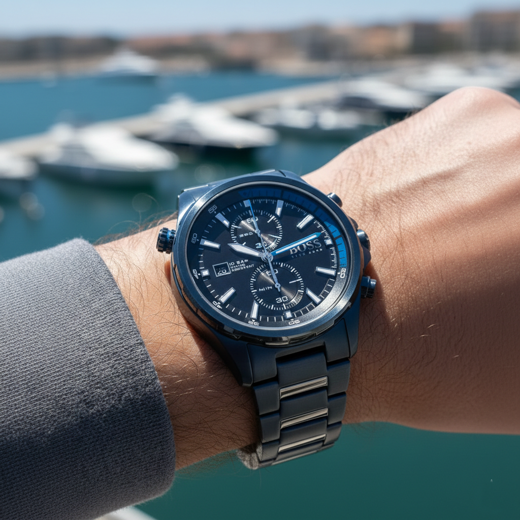 Hugo Boss Globetrotter 1513824 Blue IP Steel Black Dial Men's Watch
