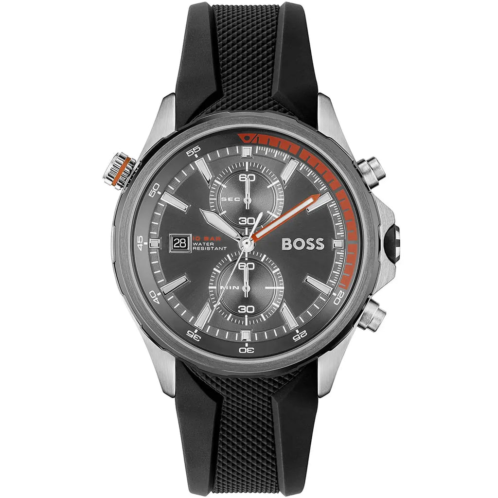 Hugo Boss Globetrotter 1513931 Silver Black Rubber Orange Accents Men's Watch