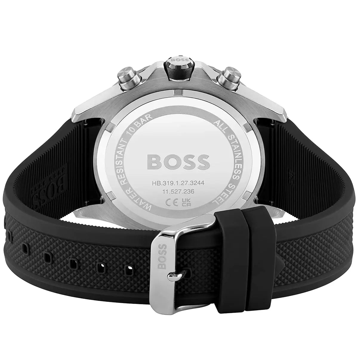 Hugo Boss Globetrotter 1513931 Silver Black Rubber Orange Accents Men's Watch