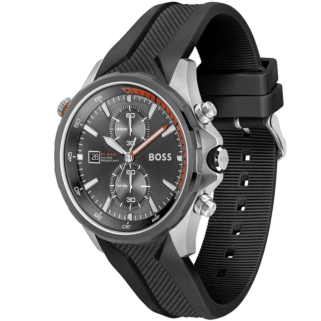 Hugo Boss Globetrotter 1513931 Silver Black Rubber Orange Accents Men's Watch