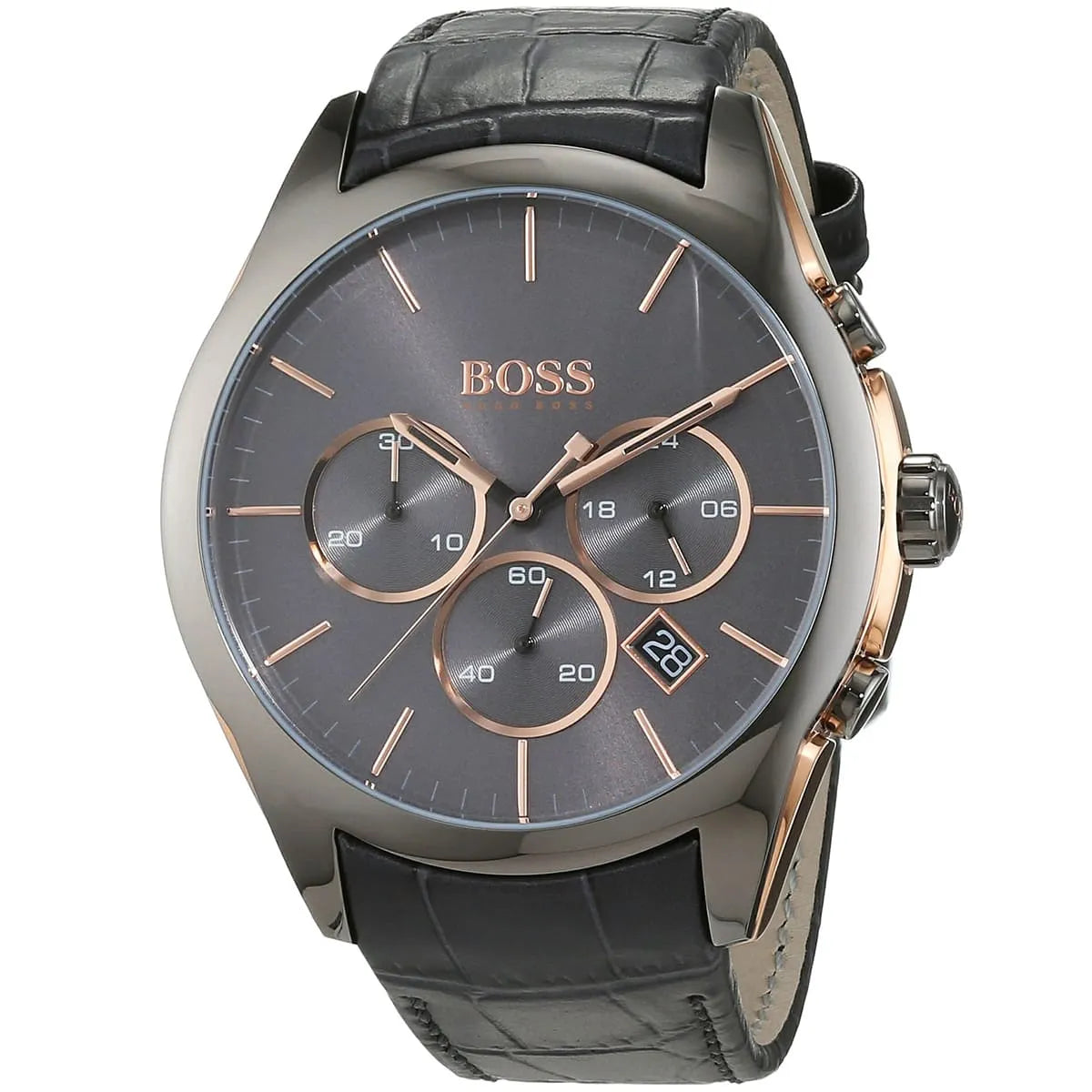 Hugo Boss Onyx 1513366 Gunmetal Grey Leather Rose Gold Accents Watch
