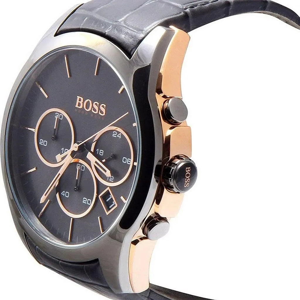 Hugo Boss Onyx 1513366 Gunmetal Grey Leather Rose Gold Accents Watch