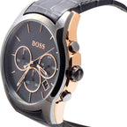 Hugo Boss Onyx 1513366 Gunmetal Grey Leather Rose Gold Accents Watch