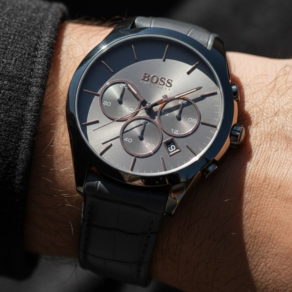 Hugo Boss Onyx 1513366 Gunmetal Grey Leather Rose Gold Accents Watch