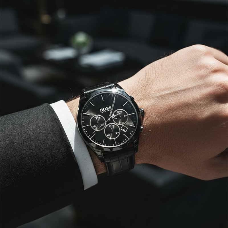 Hugo Boss Onyx 1513367 All-Black Stainless Steel Leather Strap Men's Watch