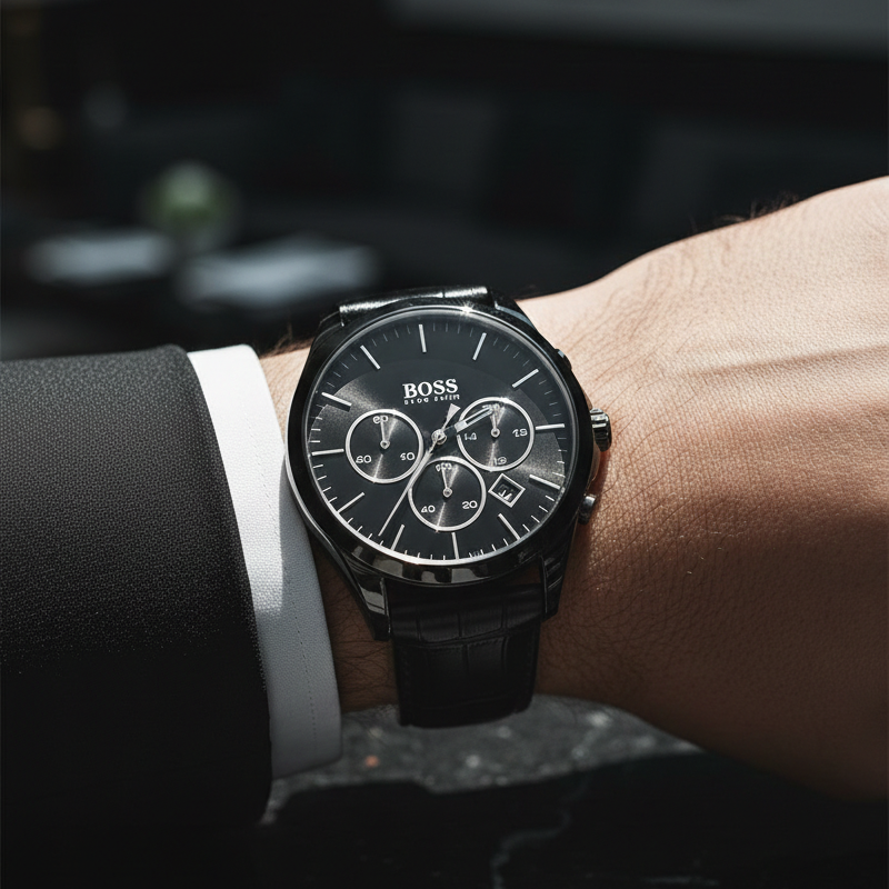 Hugo Boss Onyx 1513367 All-Black Stainless Steel Leather Strap Men's Watch