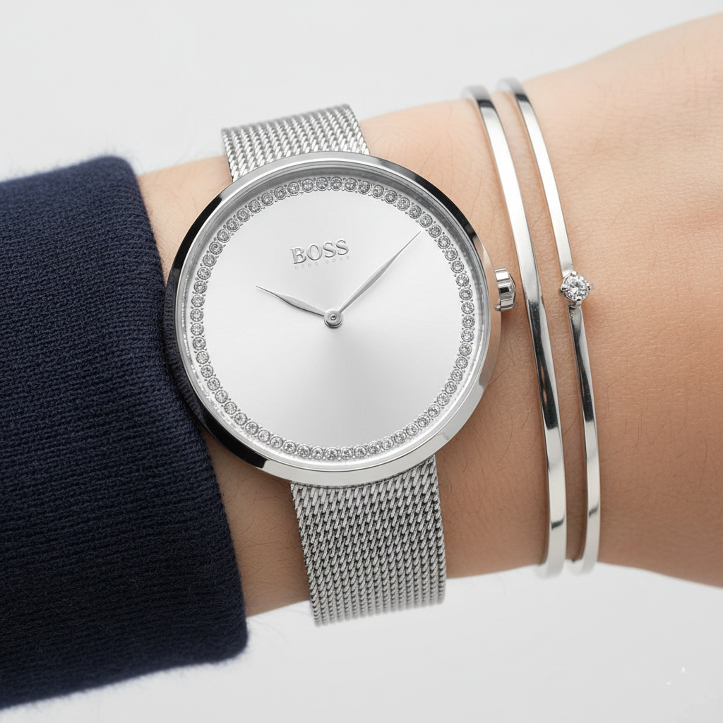 Original Hugo Boss Praise Women's Watch - Silver Mesh & Crystal Ring Dial (1502546)