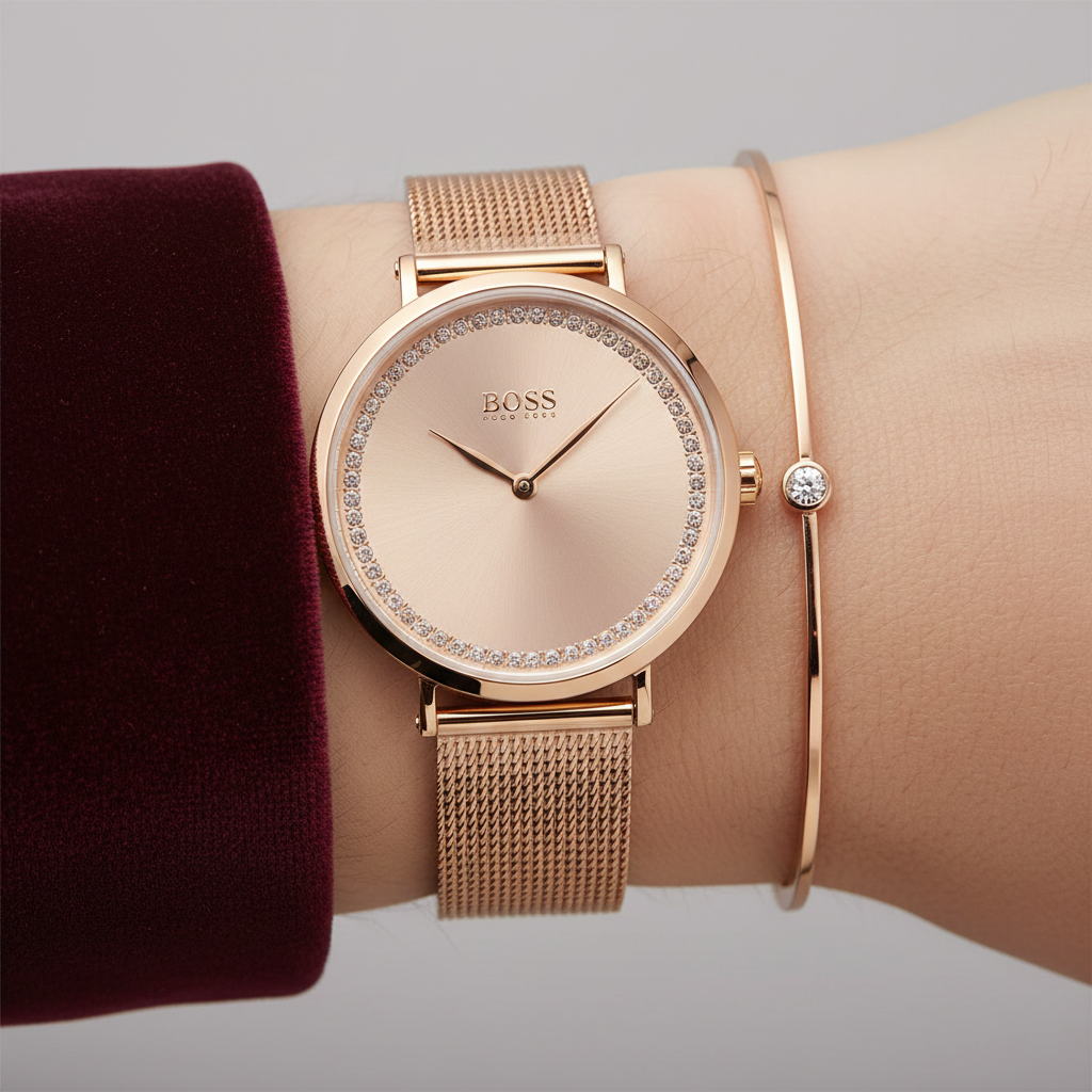 Original Hugo Boss Praise Women's Watch - Rose Gold Mesh & Crystal Ring Dial (1502548)