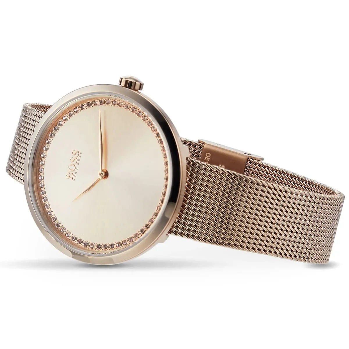 Original Hugo Boss Praise Women's Watch - Rose Gold Mesh & Crystal Ring Dial (1502548)