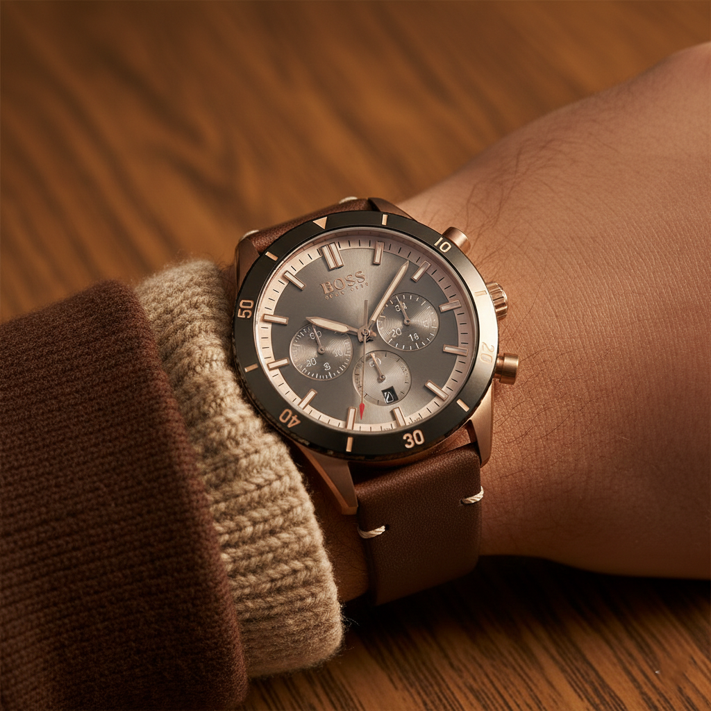 Hugo Boss Santiago 1513861 Rose Gold Grey Dial Brown Leather Watch