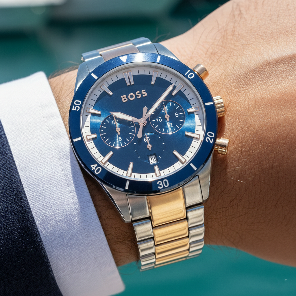 Hugo Boss Santiago 1513937 Two-Tone Rose Gold Blue Dial Chronograph Men's Watch