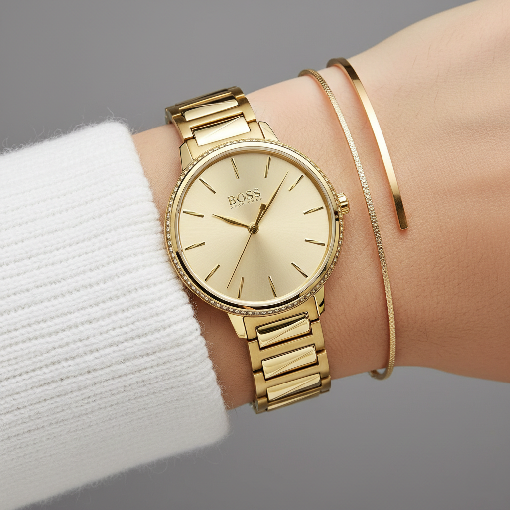 Original Hugo Boss Signature Women's Watch - Gold Steel & Crystal Bezel (1502541)