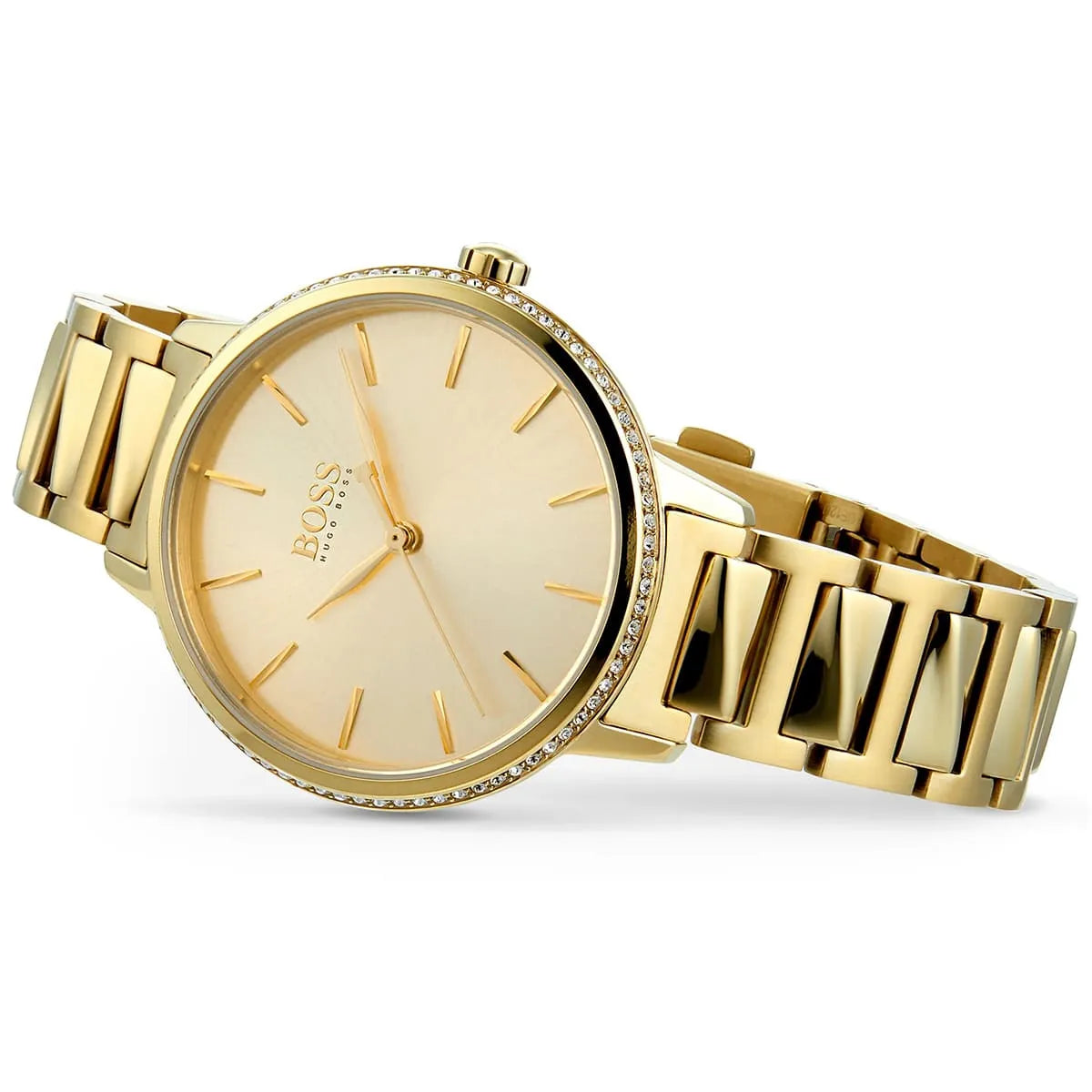 Original Hugo Boss Signature Women's Watch - Gold Steel & Crystal Bezel (1502541)